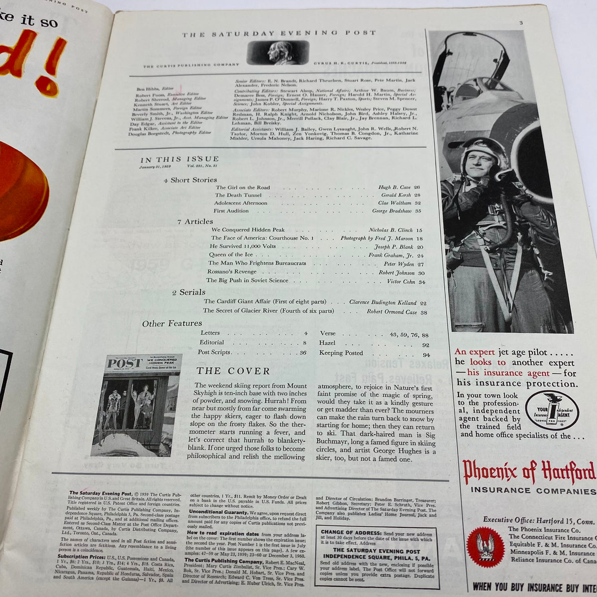 Interior page of Saturday Evening Post Magazine January 31 1959, showcasing the table of contents and featuring an article about the cover story 'We Conquered Hidden Peak'.