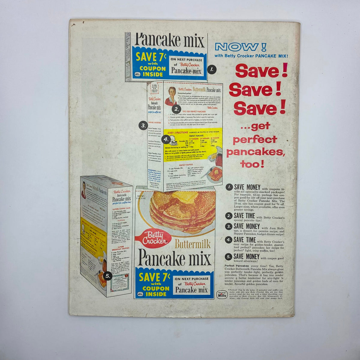 Back cover of the Saturday Evening Post Magazine from October 3, 1959, displaying advertisements for Betty Crocker Pancake Mix and associated coupons.