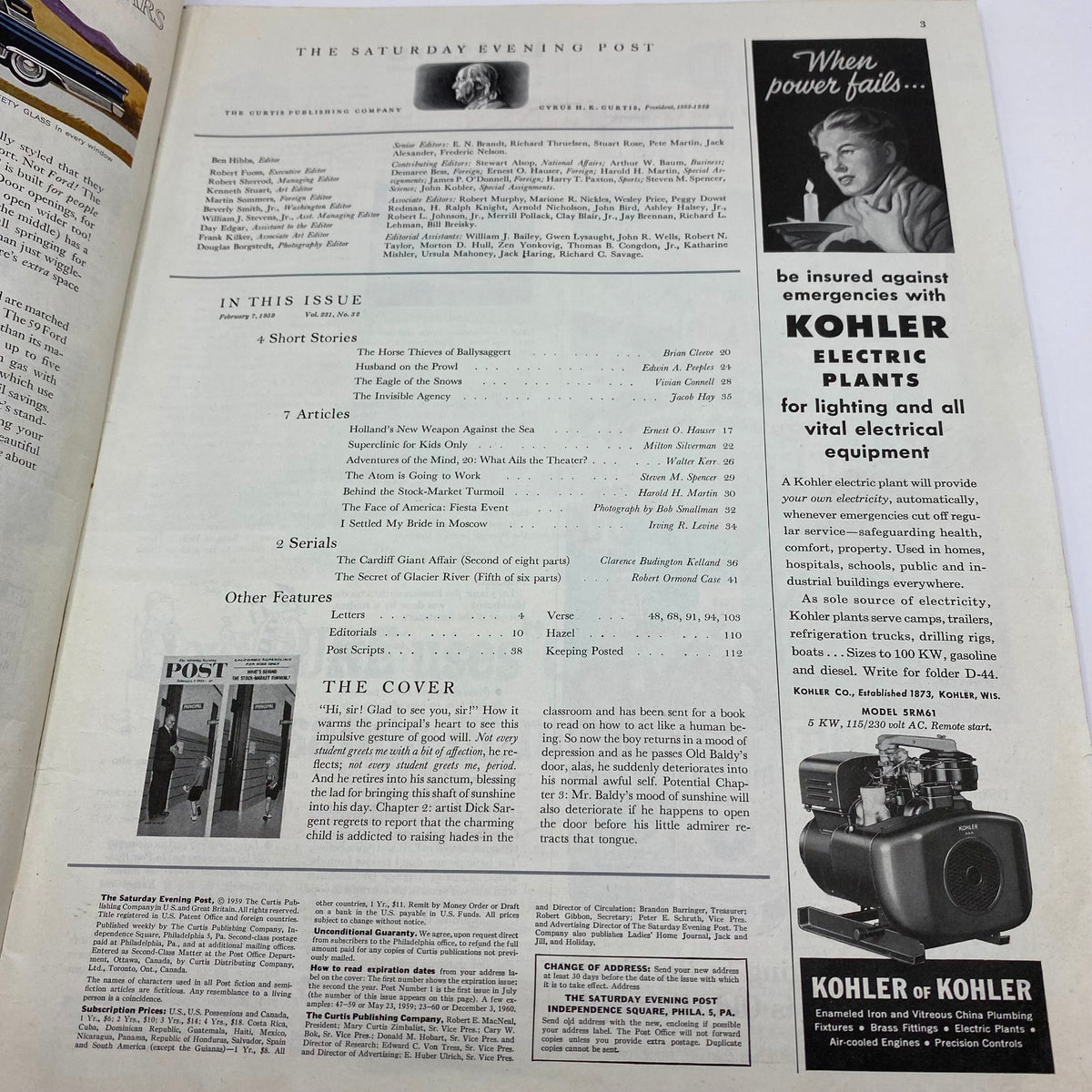 Inside page of Saturday Evening Post Magazine February 7 1959 featuring articles and the cover description entitled 'The Principal'.