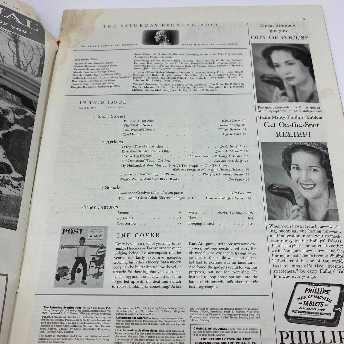 Interior page of the Saturday Evening Post Magazine from March 14, 1959, showing the table of contents and features, highlighting articles and stories of the era.