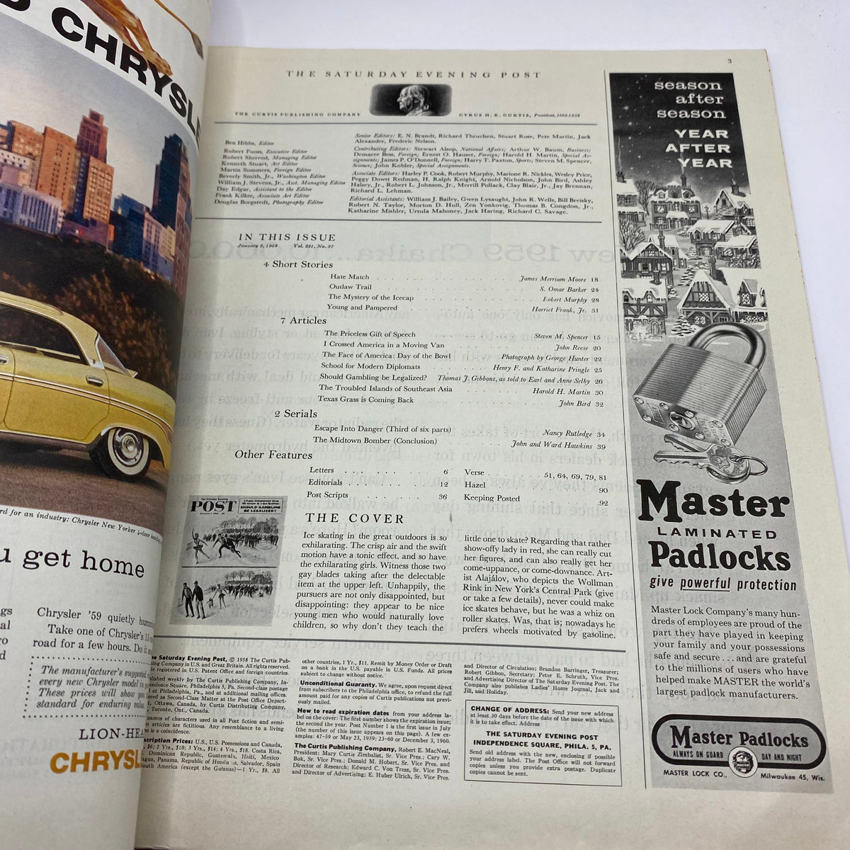 Interior page of the Saturday Evening Post Magazine from January 3, 1959, displaying the table of contents and an overview of articles, including a section about the featured cover illustration of ice skating by Constantin Alajalov.