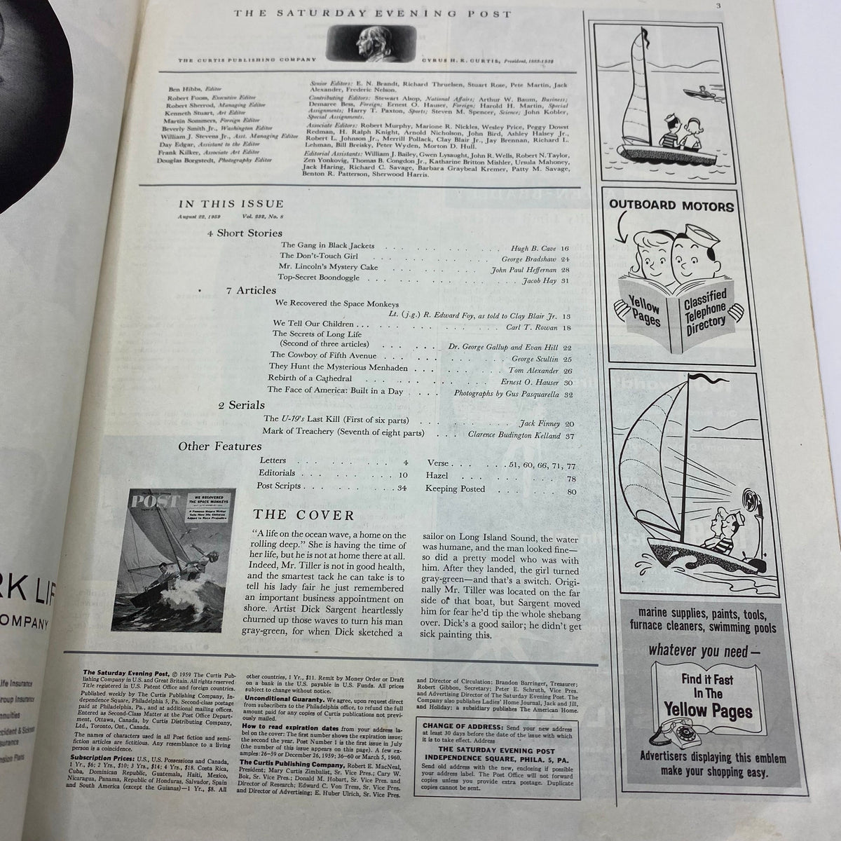 Inside page of the Saturday Evening Post Magazine, August 22, 1959, detailing contents including articles and stories like 'We Recovered the Space Monkeys'. Featured artwork and nostalgic layout characteristic of the era.