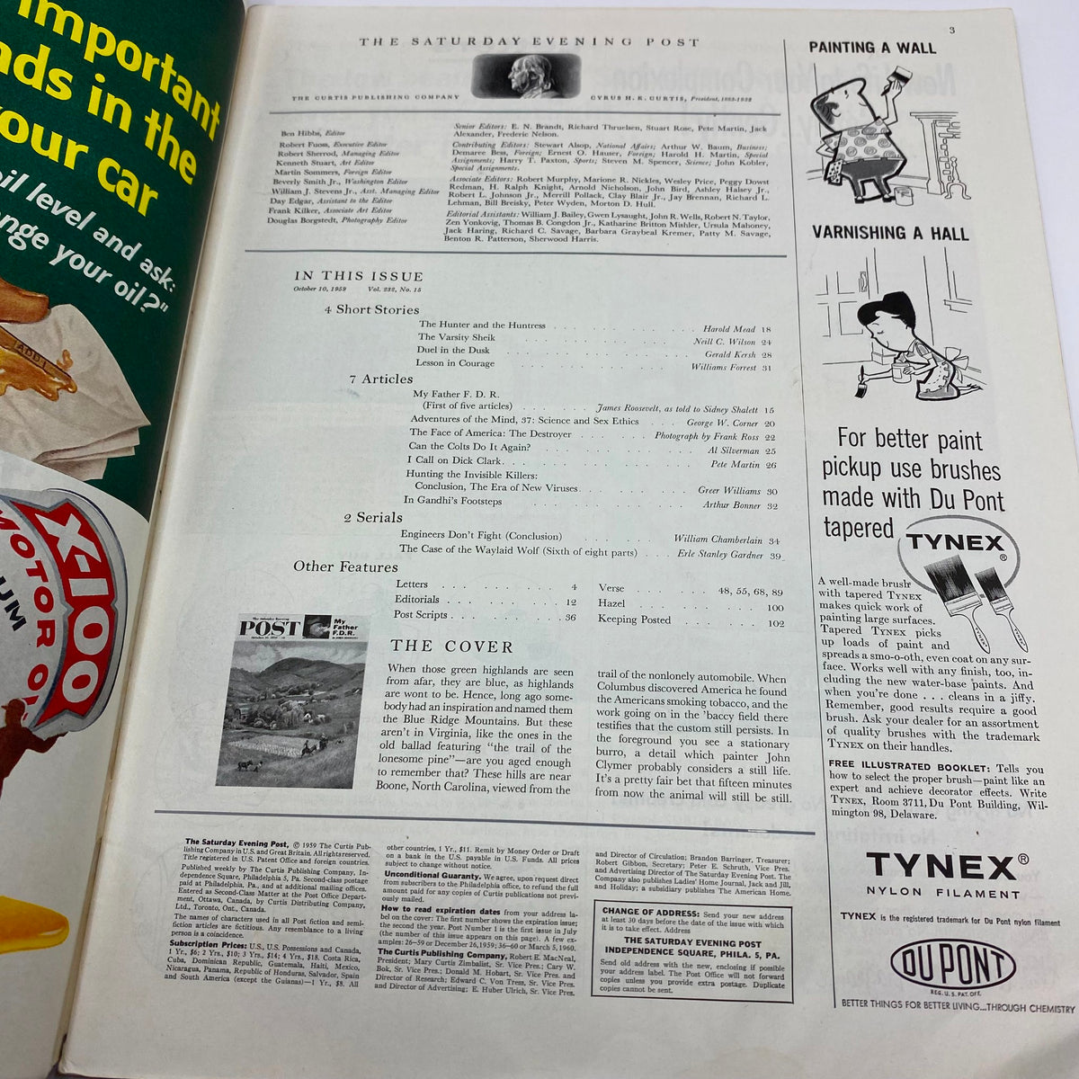 Interior page of Saturday Evening Post Magazine October 10, 1959 displaying contents and articles, including 'My Father F.D.R.' by James Roosevelt.