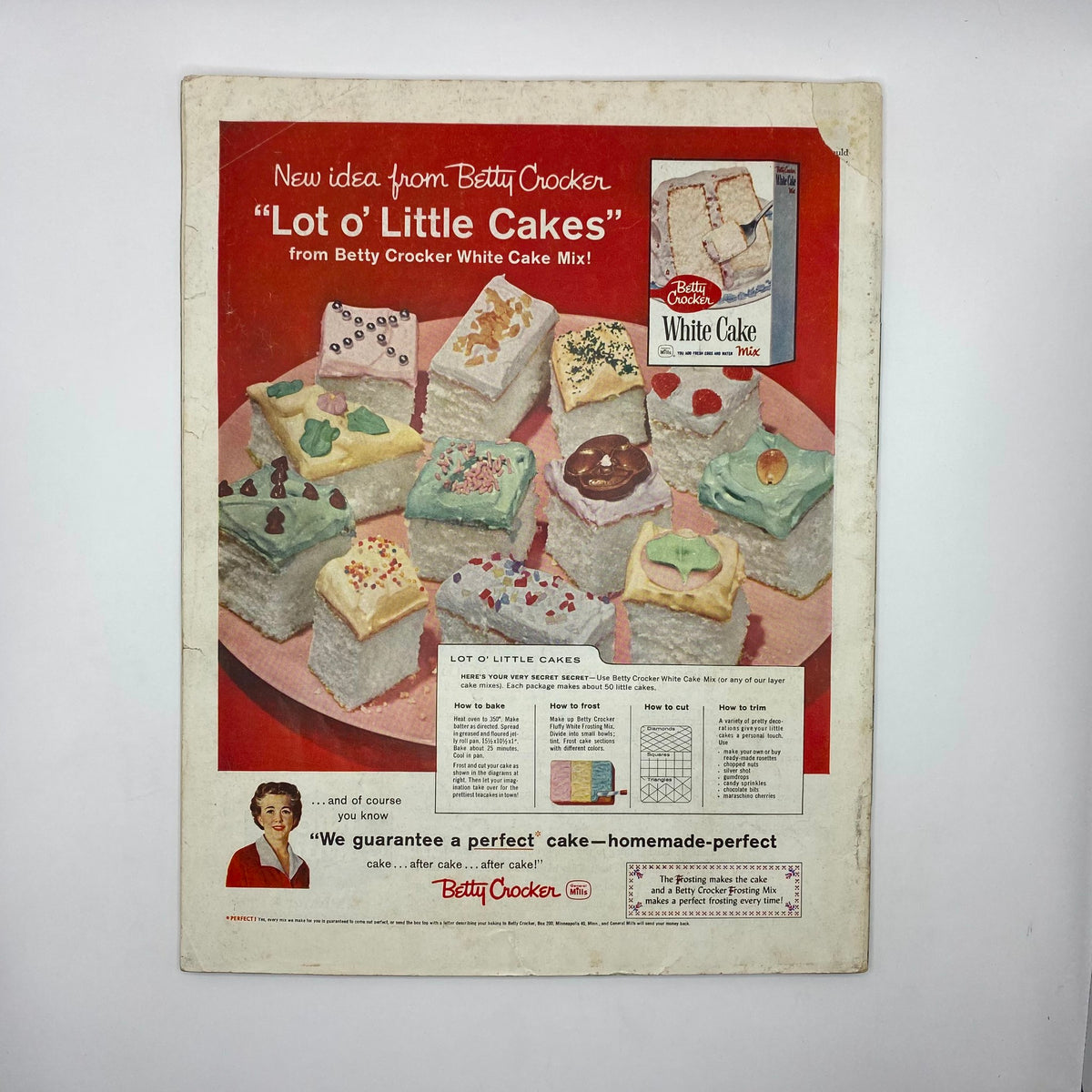 Back cover of Saturday Evening Post Magazine May 16 1959 featuring advertising for Betty Crocker White Cake Mix with colorful dessert ideas.