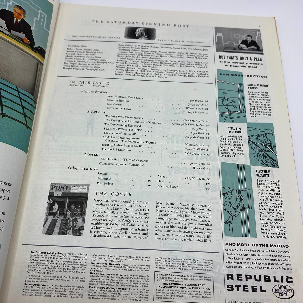 Interior page from Saturday Evening Post Magazine April 25 1959, highlighting the table of contents and articles including 'The Men Who Chase Missiles' and featuring vintage design elements.