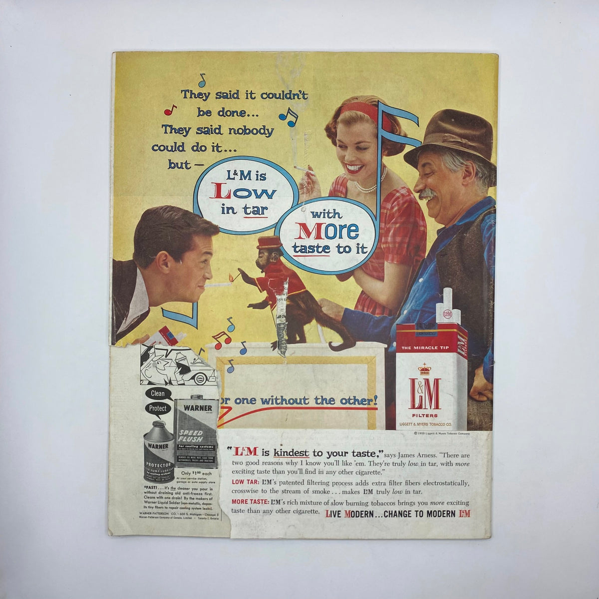 Back cover of Saturday Evening Post Magazine April 25 1959, displaying an advertisement for L&M cigarettes with colorful illustrations and promotional text about low tar and more taste.