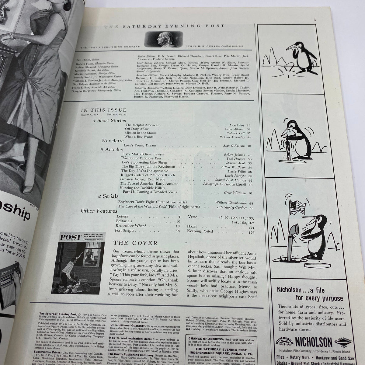 Interior page of the Saturday Evening Post Magazine October 3 1959 showcasing the table of contents, including articles and features, with illustrations and vintage advertisement elements.