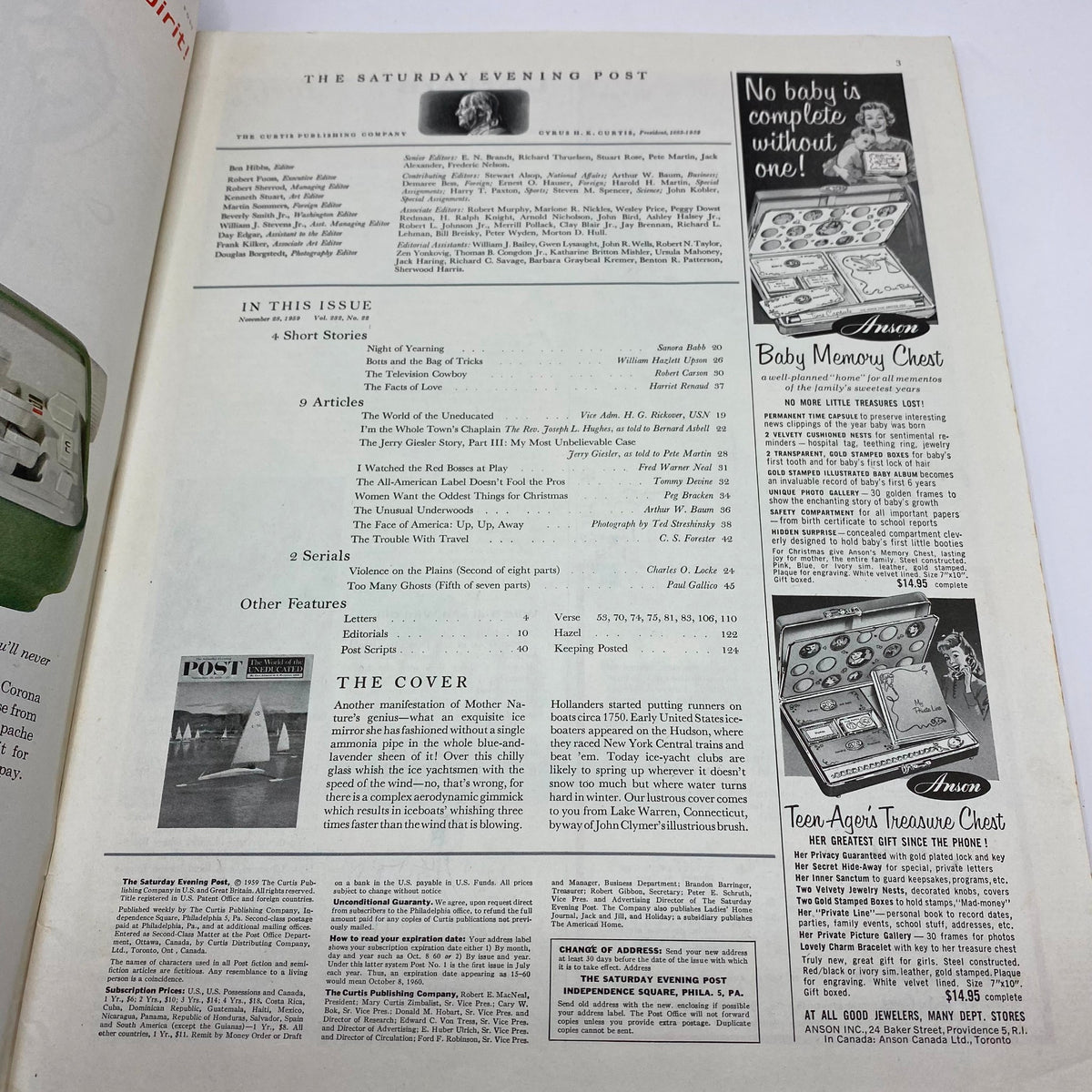 Interior page of Saturday Evening Post Magazine, November 28, 1959, detailing articles and featuring the 'Ice Mirror' cover design.