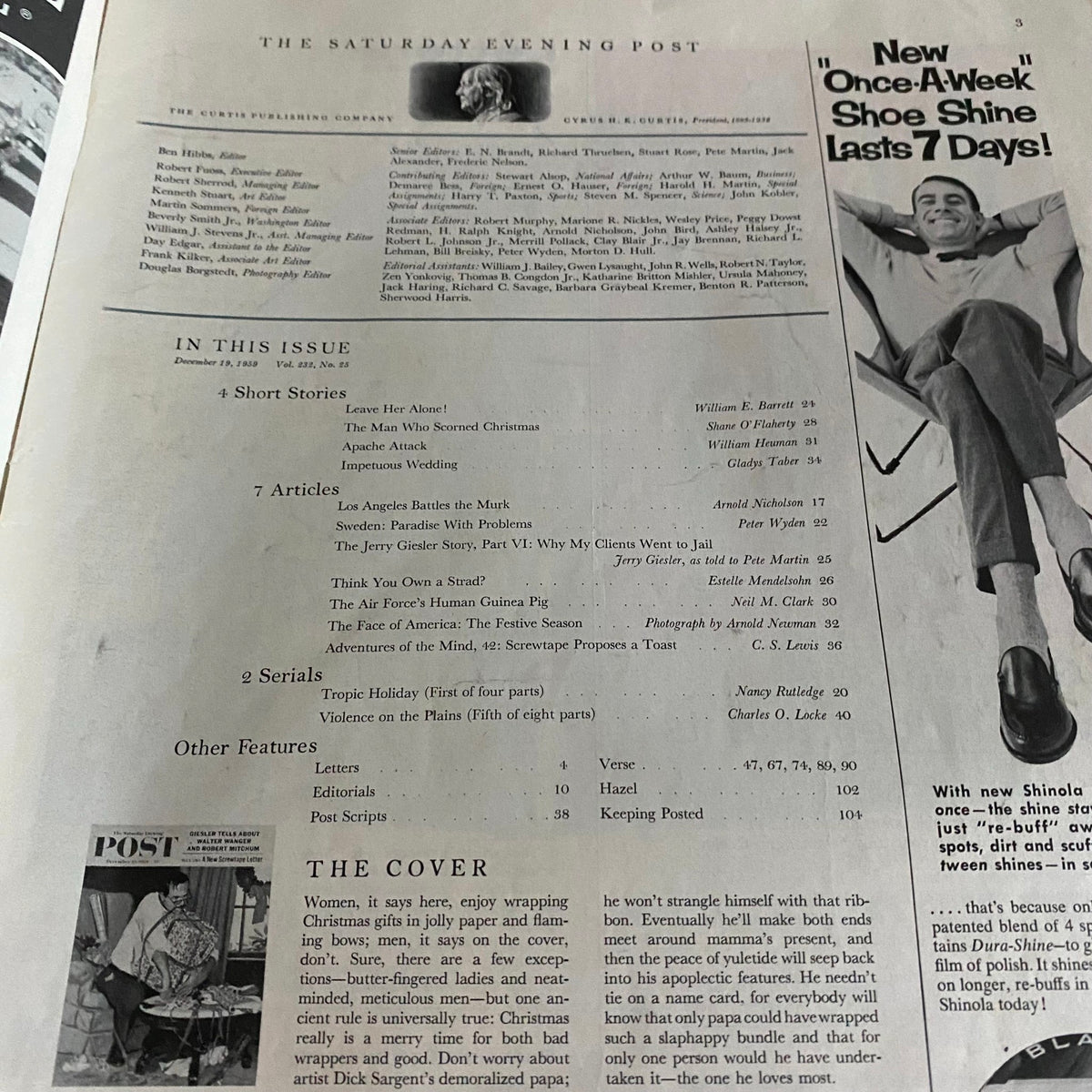 Interior page of the Saturday Evening Post Magazine December 19, 1959 listing the contents of the issue, including articles and stories popular during the late 1950s.