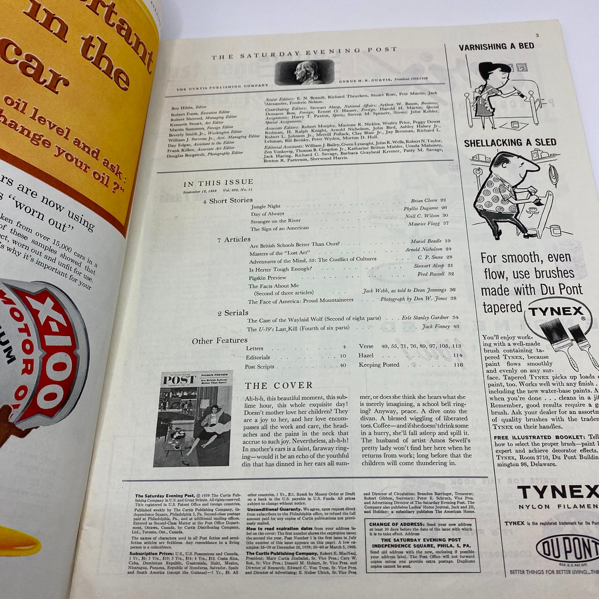 Interior page of the Saturday Evening Post Magazine September 12, 1959, featuring a table of contents and advertisements, showcasing vintage American culture and design.