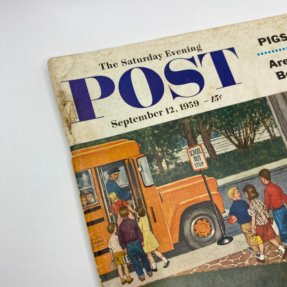 Cover of the Saturday Evening Post Magazine, September 12, 1959, featuring the illustration 'Pains in the Neck' by Amos Sewell, depicting children at a school bus stop.