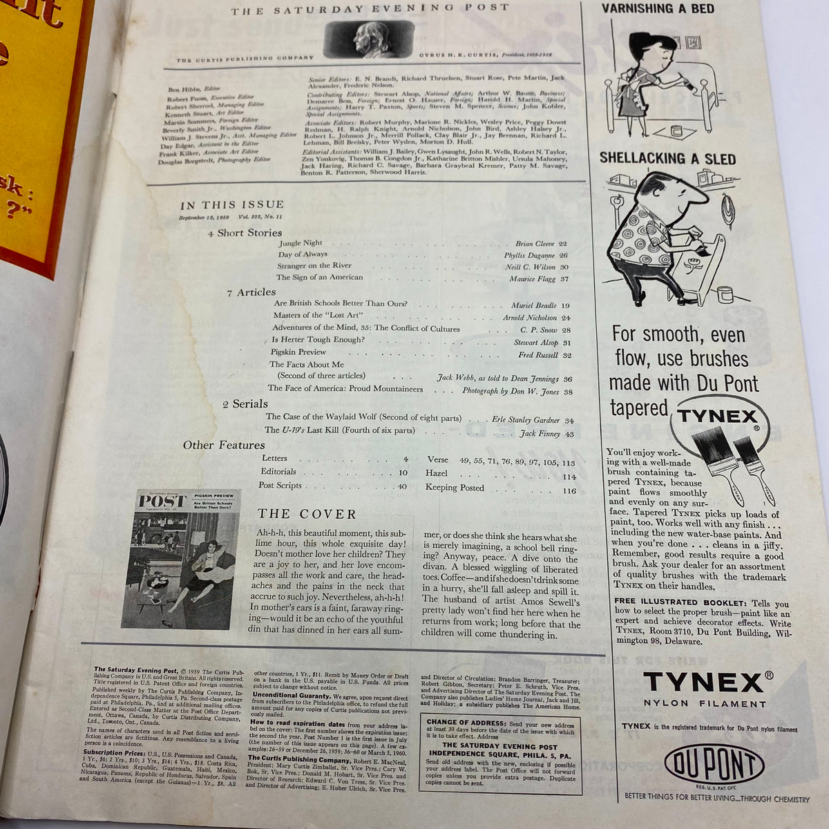 Interior page of the Saturday Evening Post Magazine, September 12, 1959, showing the table of contents and featured articles, highlighting vintage American culture.