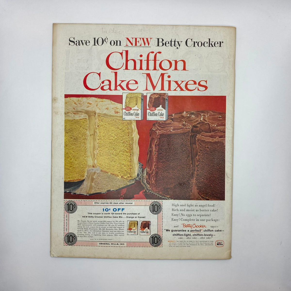 Ad for Betty Crocker Chiffon Cake Mixes in the Saturday Evening Post Magazine February 21, 1959, showcasing beautifully layered cakes and a coupon offer.