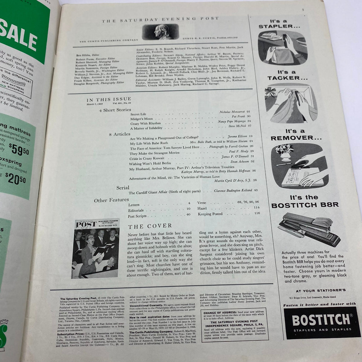Interior page of Saturday Evening Post Magazine, March 7, 1959, listing articles including 'Mrs. Bellows Can Sing' by Dick Sargent, emphasizing its content and features.