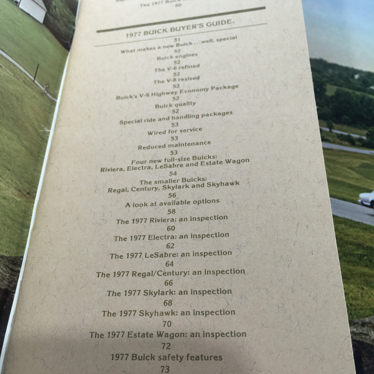 Another inside page of the 1977 Buick Buyer's Guide featuring a section breakdown that includes model inspections and information on Buick's engineering and design attributes.