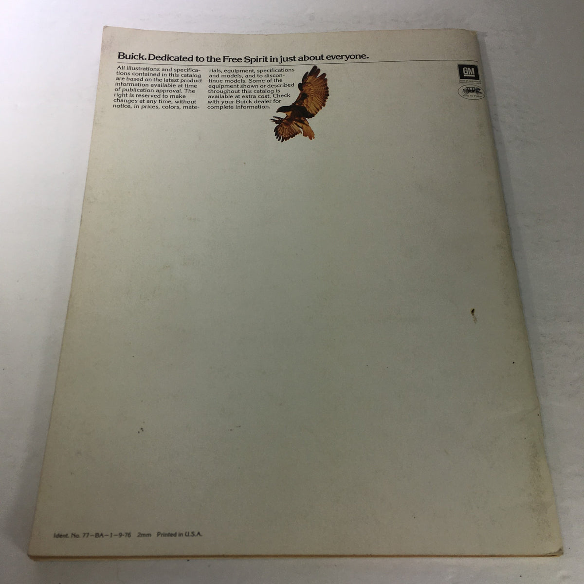 Back cover of the 1977 Buick Buyer's Guide featuring a minimalistic design and a hawk illustration, highlighting the brand's dedication to free spirit.