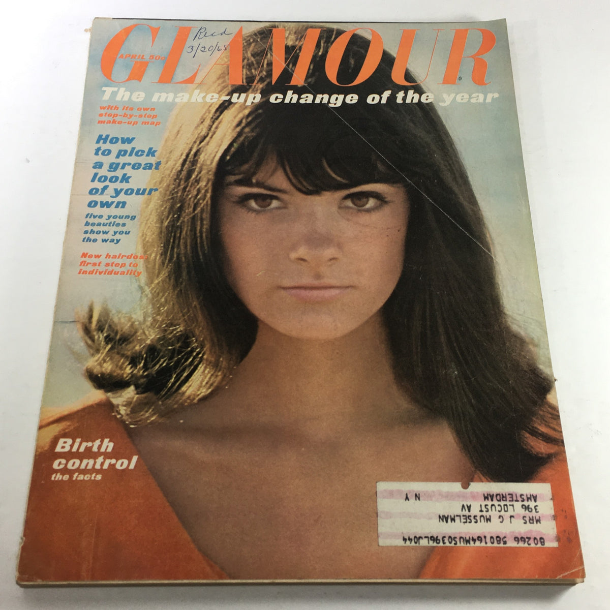 VTG Glamour Magazine April 1965 cover featuring Kathy Carpenter, showcasing the theme 'The make-up change of the year' with fashion and beauty insights.
