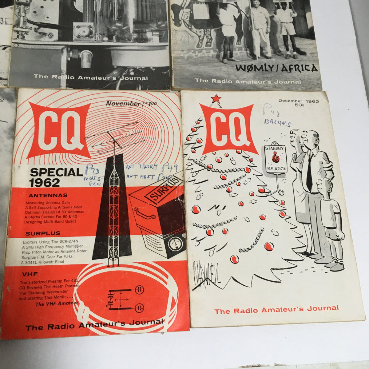 Covers of CQ The Radio Amateur's Journal, November 1962 and December 1962, showcasing vintage amateur radio themes.
