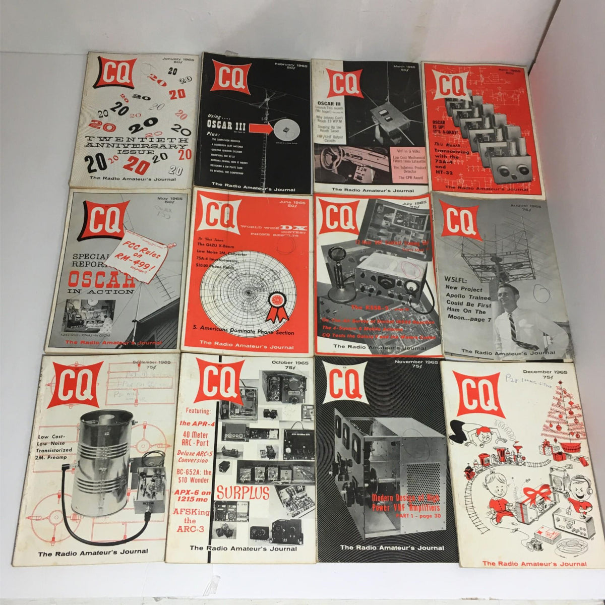 Lot of 12 Complete January to December 1965 CQ The Radio Amateur's Journal magazines displayed, showcasing various covers highlighting amateur radio technology.
