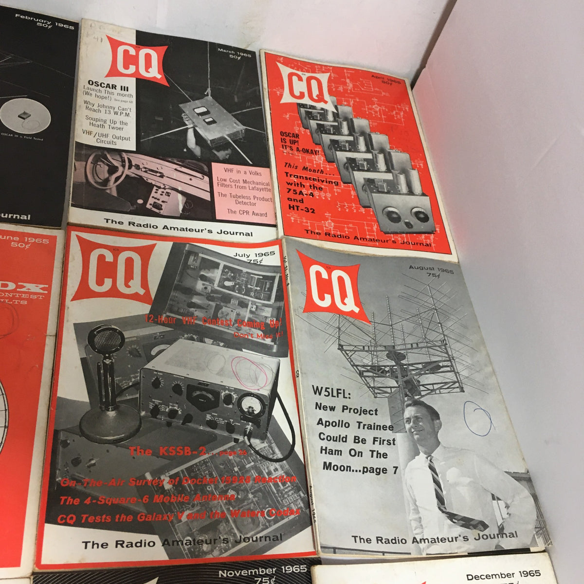 Highlighted covers from 1965 CQ The Radio Amateur's Journal magazines, including articles on OSCAR III and other amateur radio technologies for March to August.