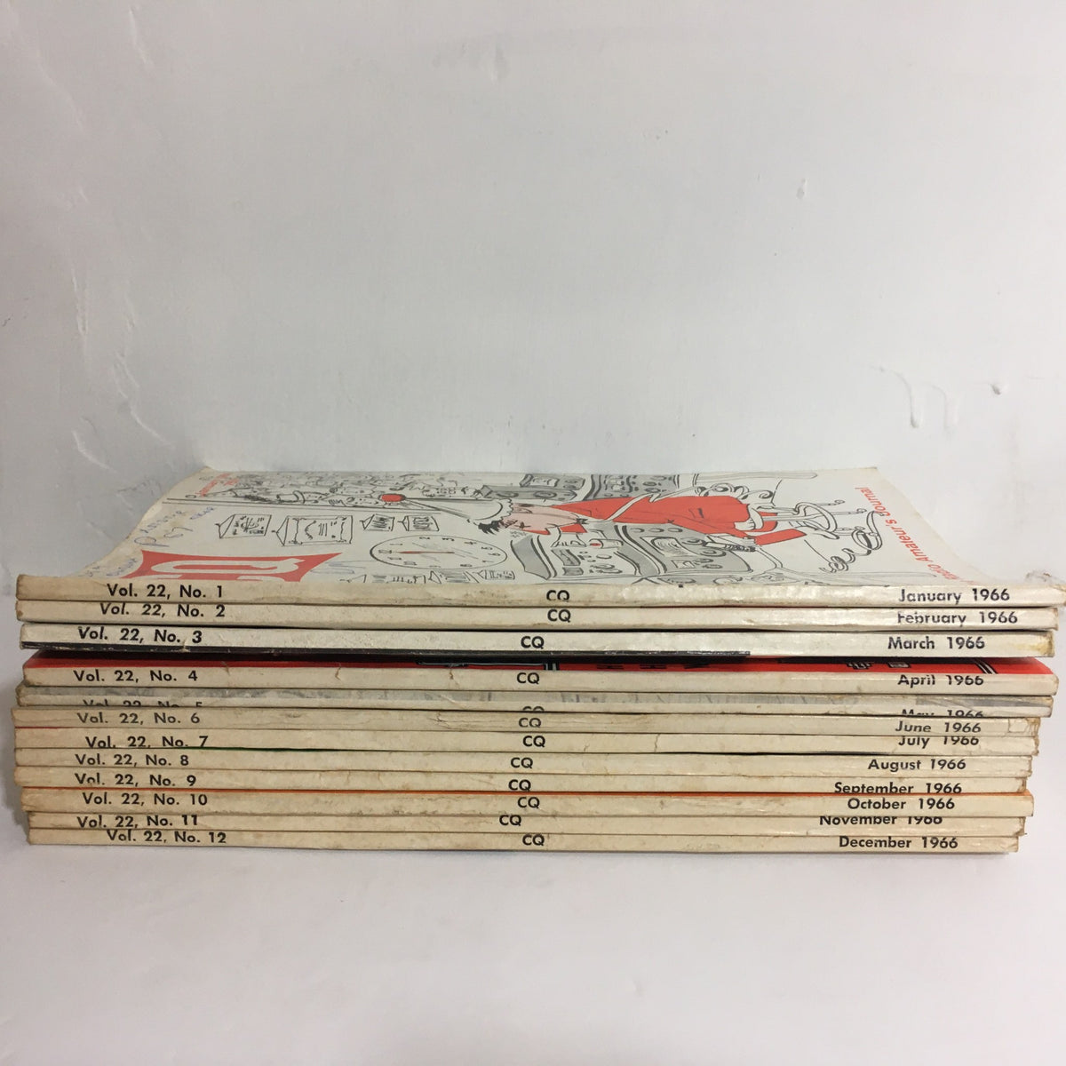 Lot of 12 Complete January to December 1966 CQ The Radio Amateur's Journal magazines stacked together, showcasing the covers from each month, including Vol. 22 No. 1 to 12, highlighting vintage amateur radio culture and technology.
