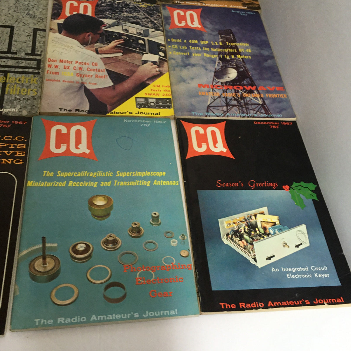 Various issues of CQ The Radio Amateur's Journal from 1967, showcasing covers highlighting amateur radio projects, part of the lot of 12 complete January to December 1967 CQ The Radio Amateur's Journal