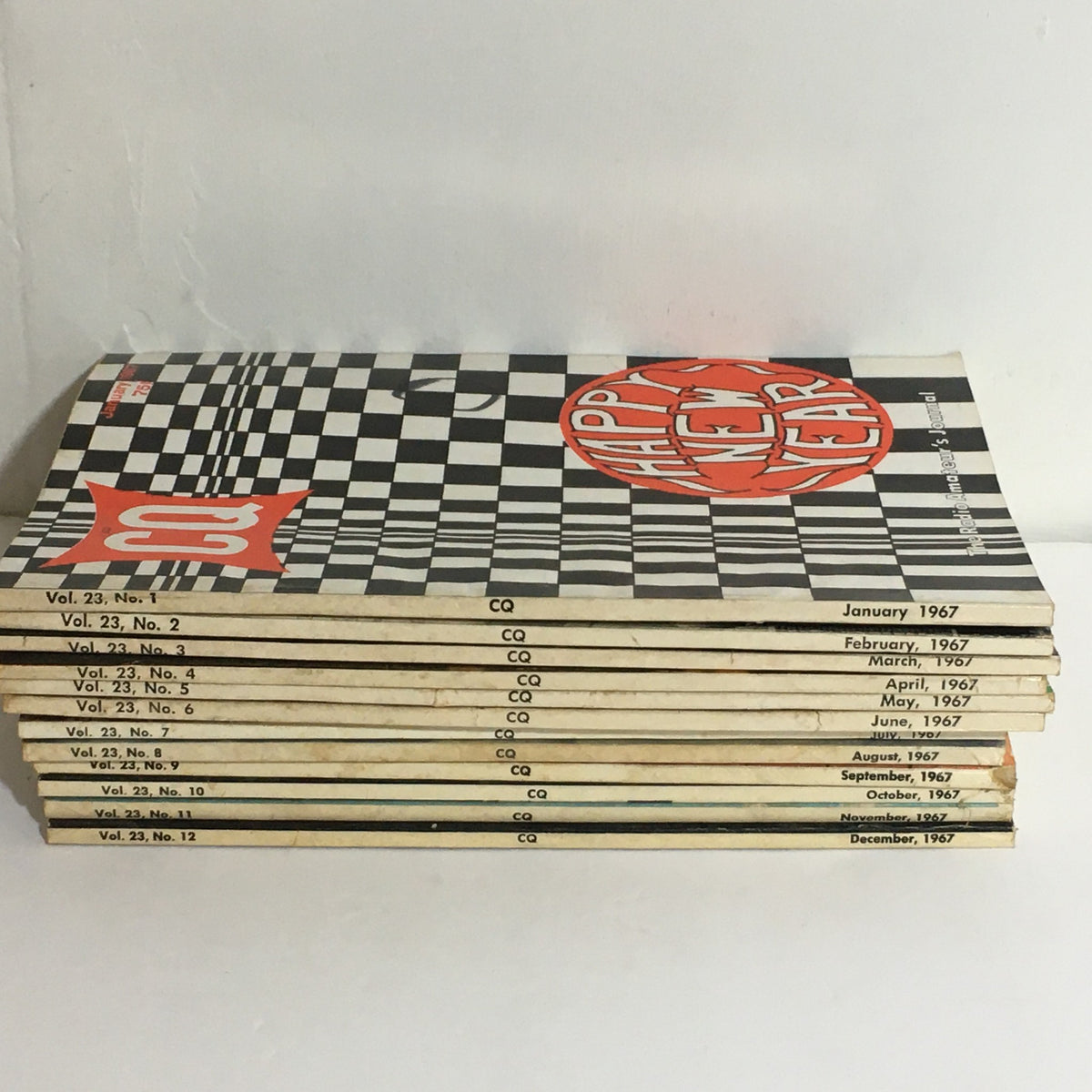 Stacked issues of CQ The Radio Amateur's Journal, showing publication details from January to December 1967, part of the lot of 12 complete January to December 1967 CQ The Radio Amateur's Journal