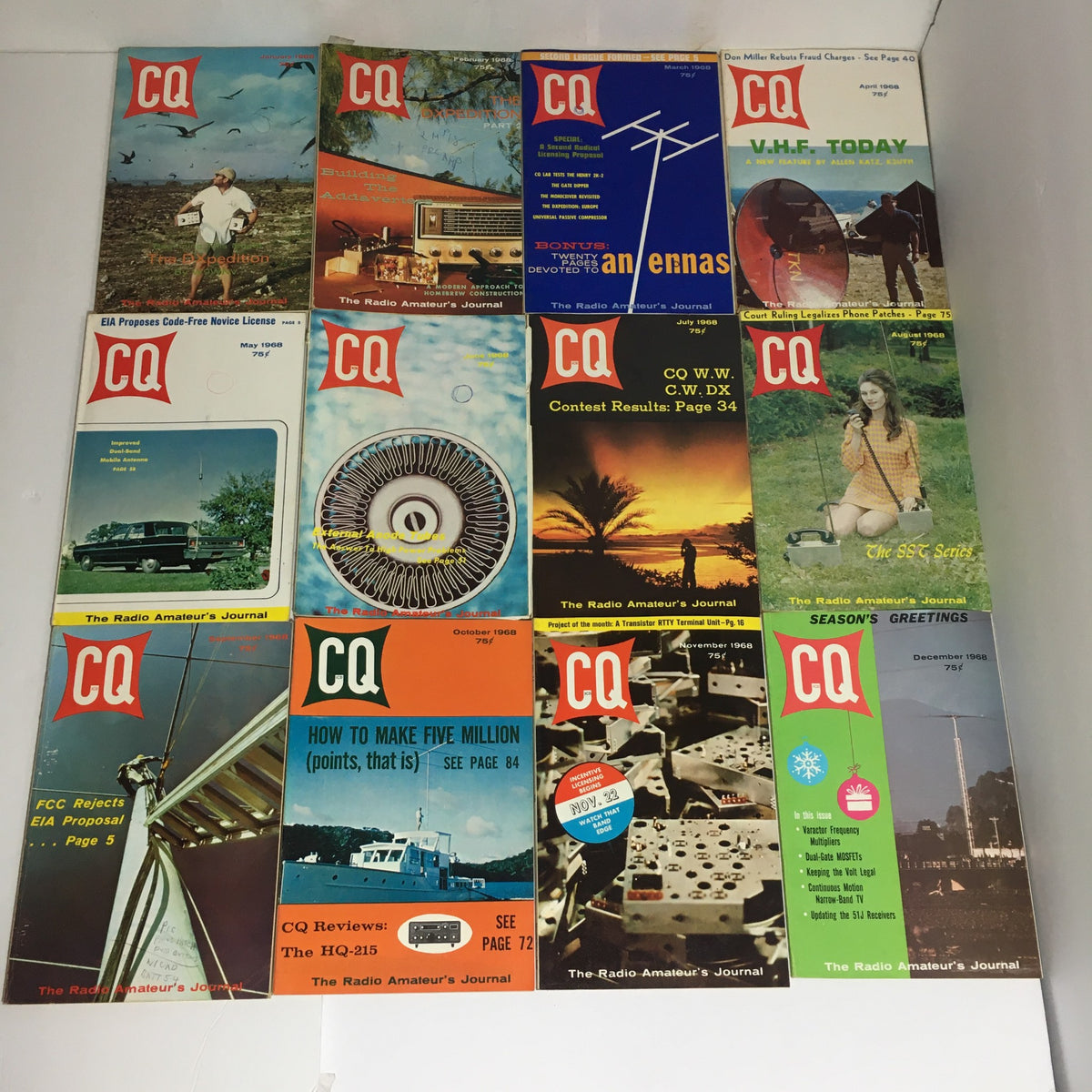 Lot of 12 Complete January to December 1968 CQ The Radio Amateur's Journal magazines displayed in a grid, showcasing colorful covers featuring amateur radio themes.