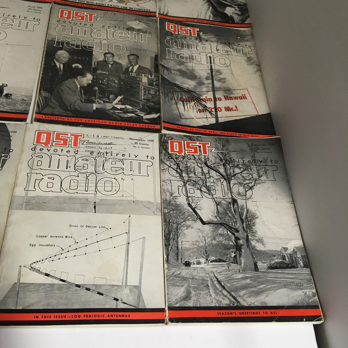 Lot of 12 Complete January to December 1959 QST Amateur Radio - featuring magazine covers from June through November 1959.