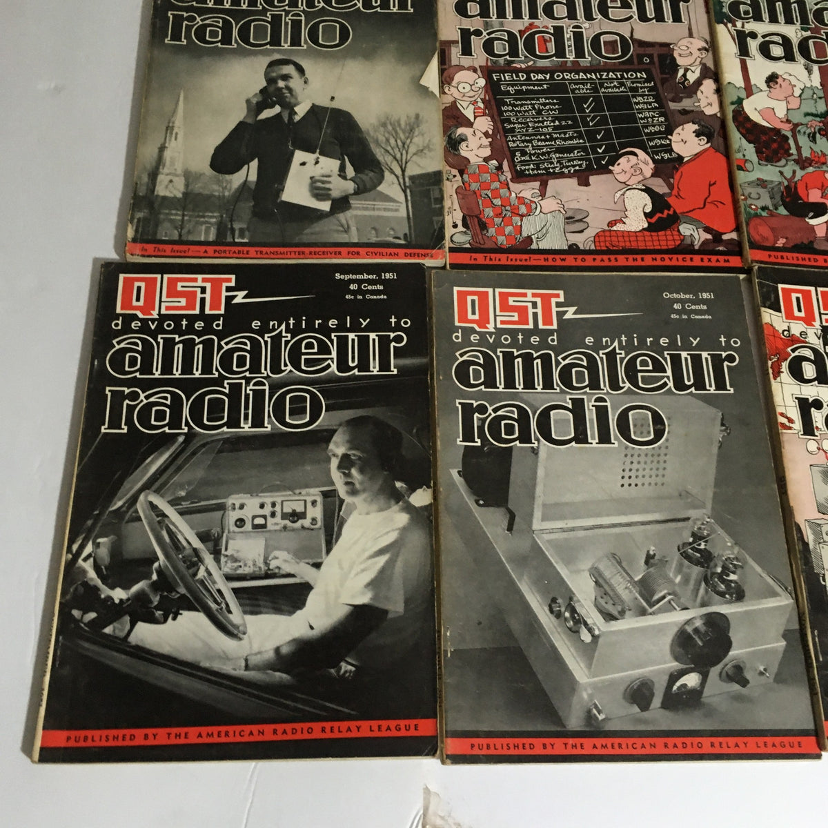 Lot of 12 Complete January to December 1951 QST Amateur Radio magazines featuring covers from September to December 1951 depicting diverse topics in the radio community.