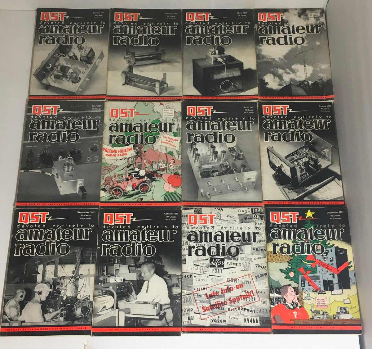 Lot of 12 Complete January to December 1957 QST Amateur Radio magazines showcasing various amateur radio equipment and cultural elements related to the ham radio community.