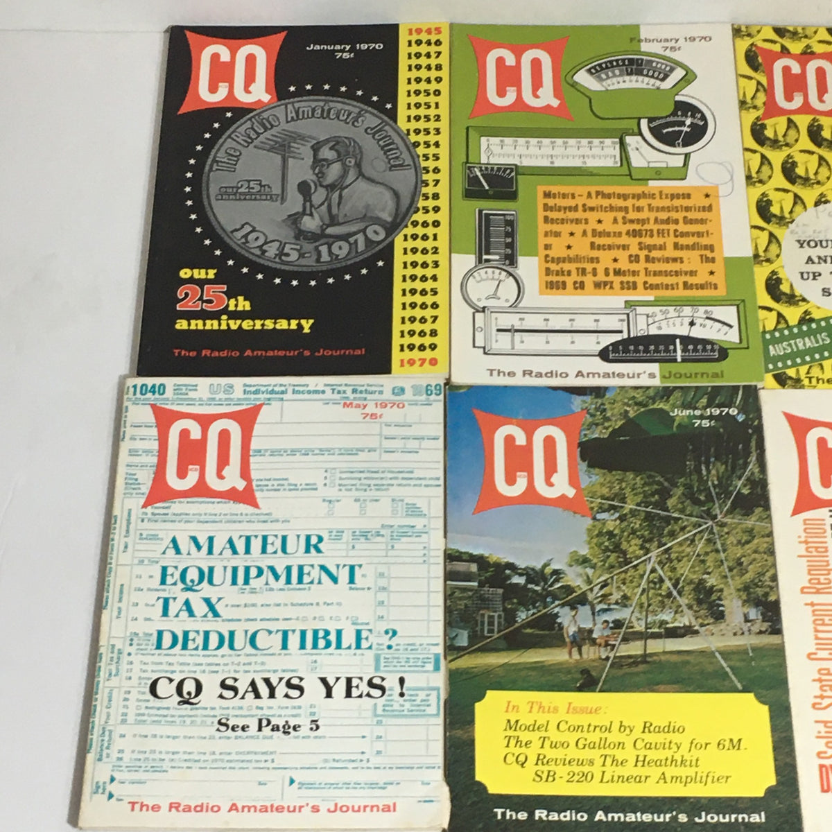 Lot of 12 Complete January to December 1970 CQ The Radio Amateur's Journal magazines with detailed visible covers, featuring articles on amateur radio equipment and technology.