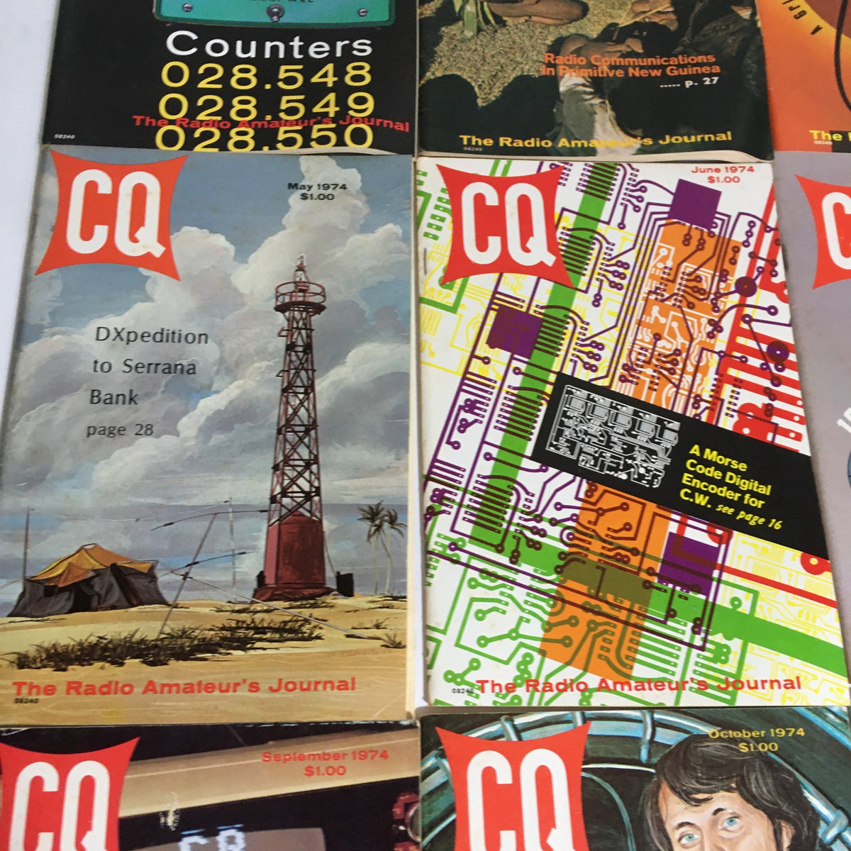 Lot of 12 Complete January to December 1974 CQ The Radio Amateur's Journal featuring May through October 1974 magazine covers, focusing on amateur radio expeditions and Morse code technology.