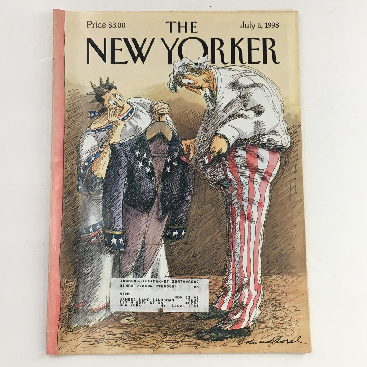 Cover of The New Yorker magazine from July 6, 1998 featuring the artwork 'Unexpected Surplus' by Edward Sorel, depicting two characters in a cartoonish style.
