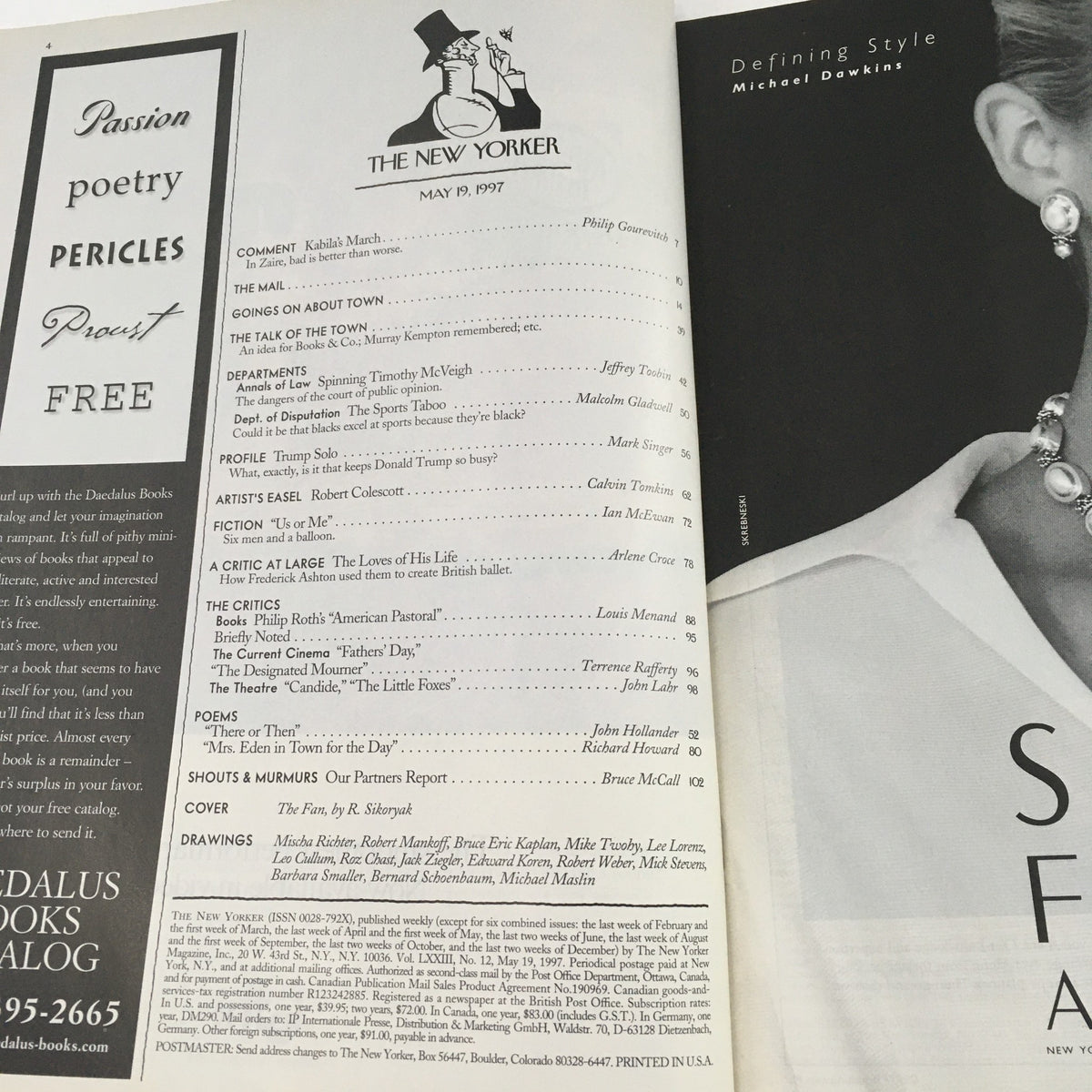 Interior pages of The New Yorker Full Magazine May 19 1997, showcasing the table of contents and a fashion advertisement. This issue features the theme 'The Fan' illustrated by Robert Sikoryak.