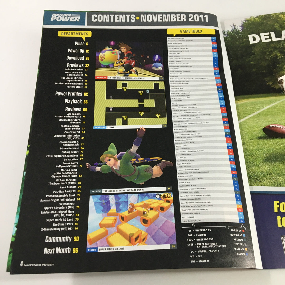 Contents page of Nintendo Power Magazine Issue 273 from November 2011 featuring game index and highlights from Mario Kart 7 and Legend of Zelda.