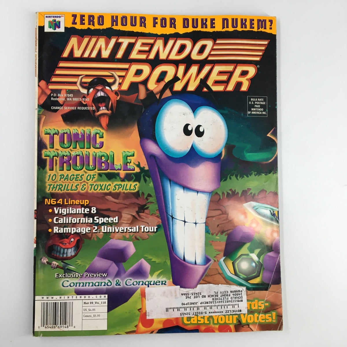 Cover of Nintendo Power Magazine Vol. 118 from March 1999 featuring 'Tonic Trouble' with vibrant graphics and playful character designs, showcasing elements of late 90s gaming culture.