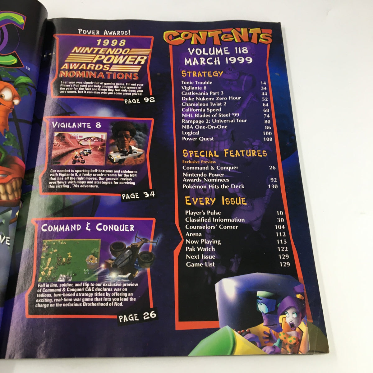Table of contents from Nintendo Power Magazine Vol. 118 March 1999, listing featured games like Tonic Trouble and Command & Conquer.