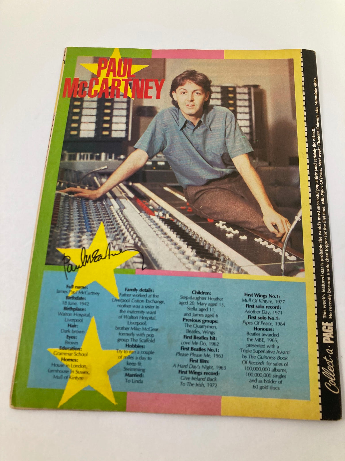 Back page of VTG Lookin Magazine February 18 1984 #8 featuring an article on Paul McCartney with a vibrant layout, highlighting his career and contributions to music.