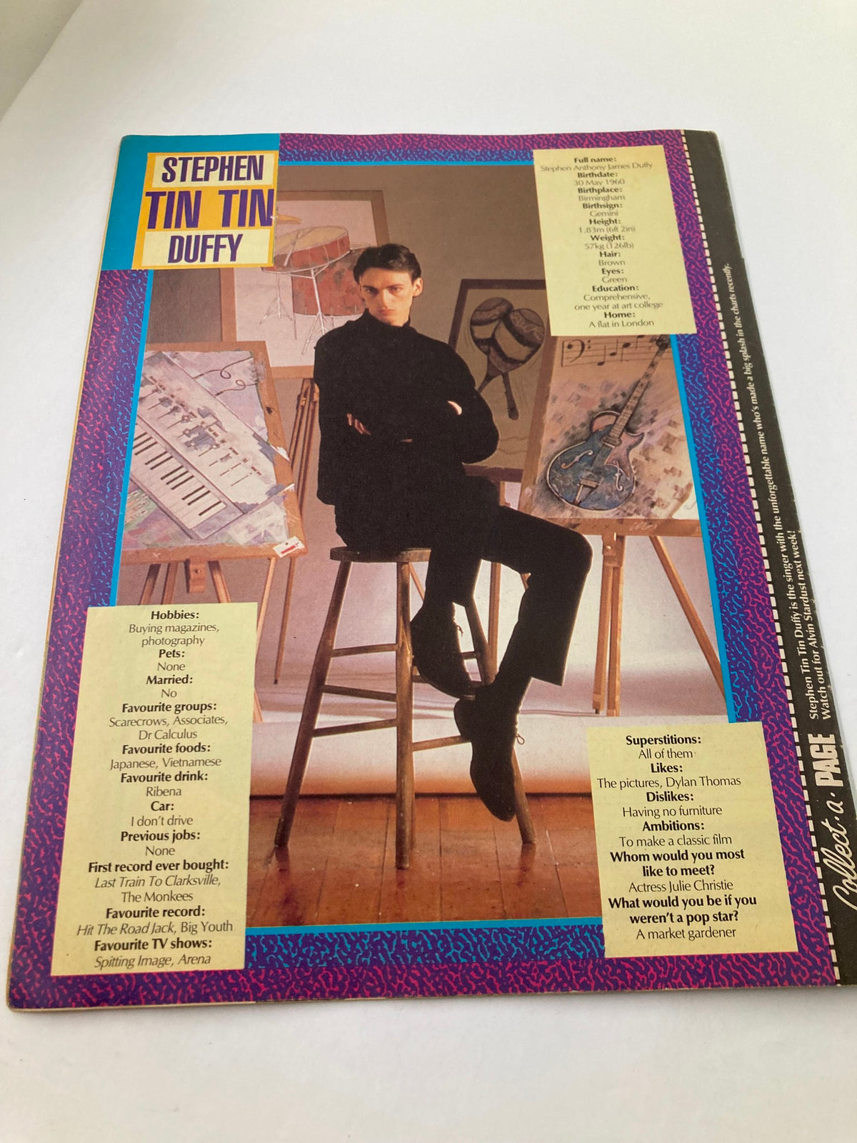 Back cover of VTG Lookin Magazine April 27 1985 #18 highlighting Stephen Tin Tin Duffy, including personal info and hobbies amid artistic imagery, showcasing its collectible magazine value.