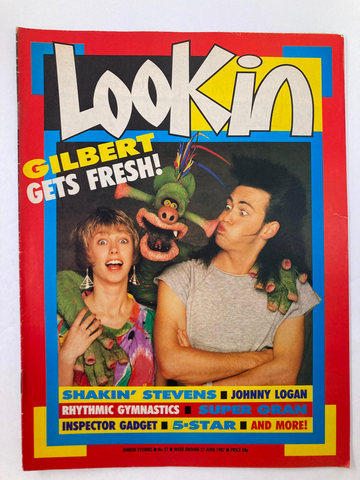 VTG Lookin Magazine June 27 1987 cover featuring Shakin' Stevens and Johnny Logan, with colorful graphics and fun characters, showcasing pop culture of the late 1980s.