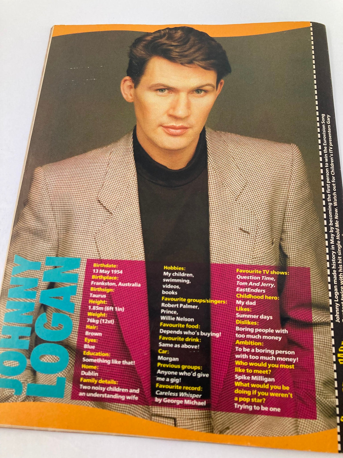 Cover of Lookin Magazine, June 27, 1987, featuring an article on Johnny Logan, showcasing his profile, hobbies, and personal details, highlighting the vibrancy of 1980s pop culture.