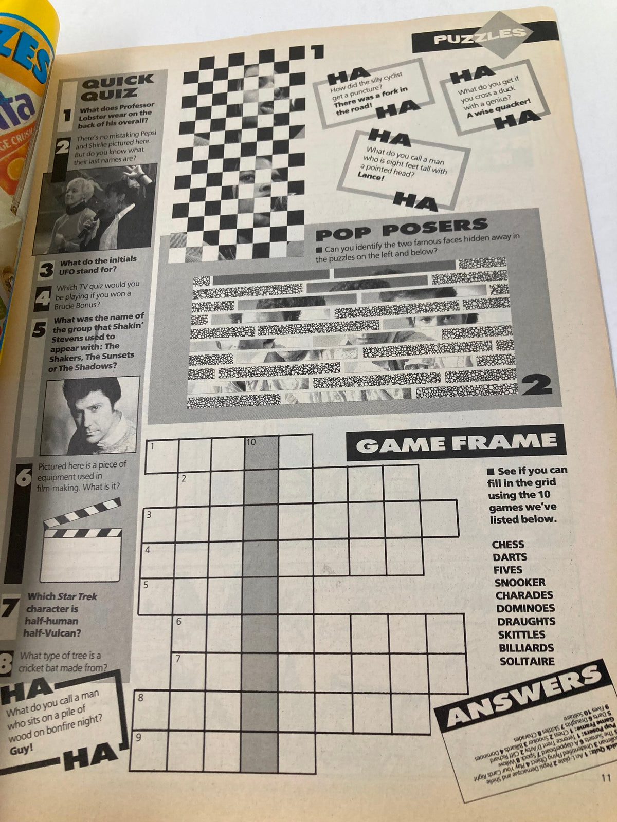 Puzzles page from VTG Lookin Magazine November 14 1987 issue #47 featuring a quick quiz, pop posers, and game frame.