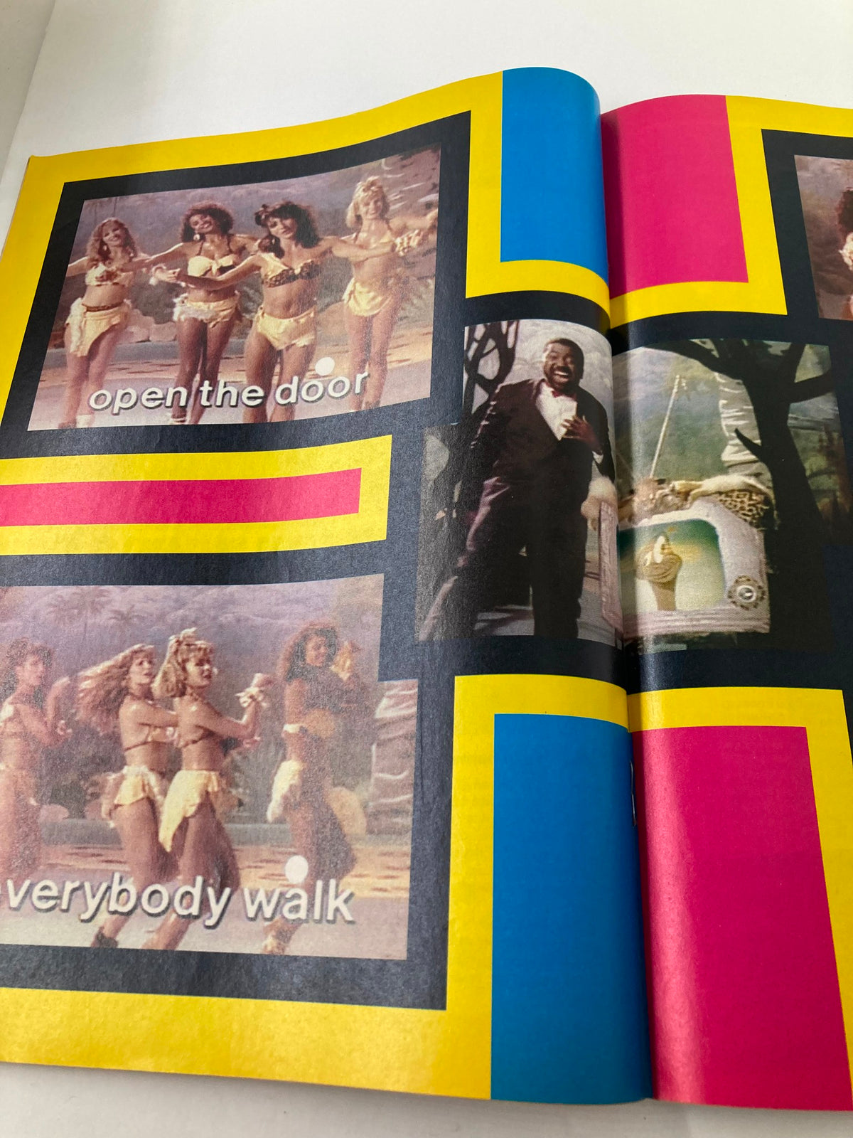 Colorful page from VTG Lookin Magazine November 14 1987 issue #47 showcasing a vintage dance scene with text 'open the door' and 'everybody walk'.