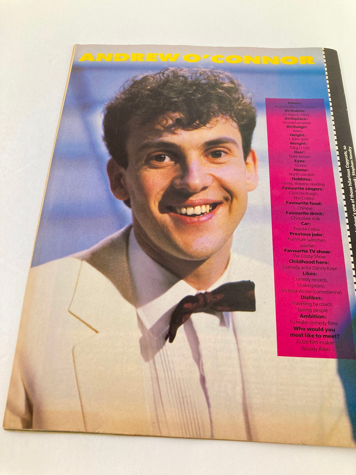 Profile page of Andrew O'Connor from VTG Lookin Magazine November 14 1987 issue #47, detailing personal information including favorite food and drinks.