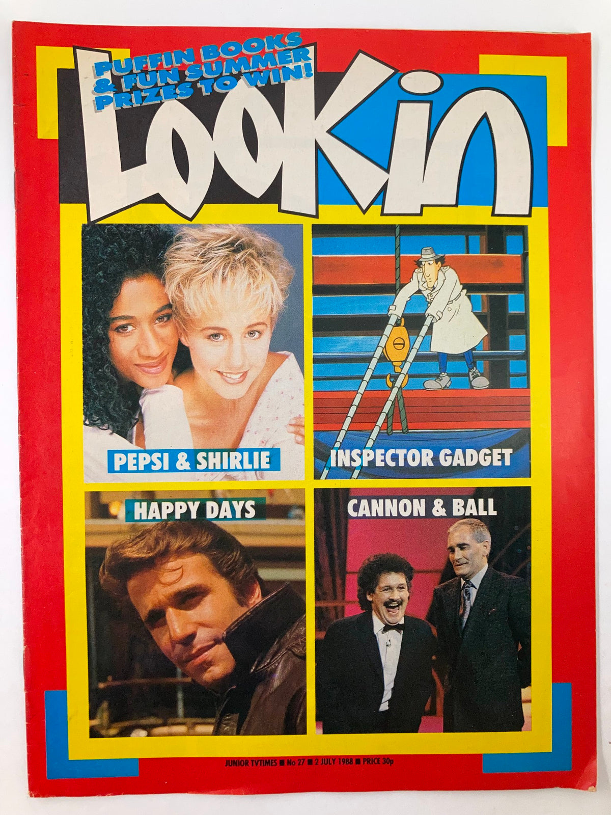 VTG Lookin Magazine 1988 #27 cover featuring Pepsi & Shirlie, Inspector Gadget, Happy Days, and Cannon & Ball. A nostalgic piece reflecting late '80s pop culture.