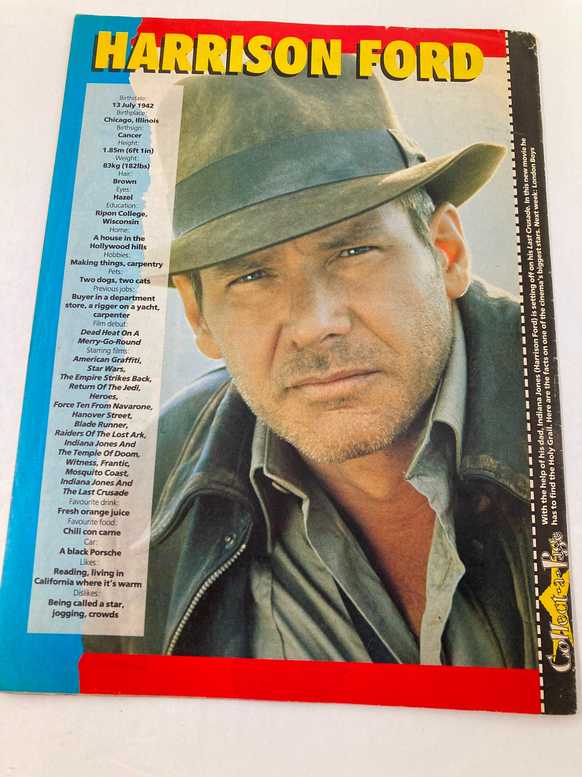 Cover of the Vintage Lookin Magazine July 29, 1989 showcasing Harrison Ford, featuring his profile, notable films, and personal interests, a collectible item for fans of classic cinema.