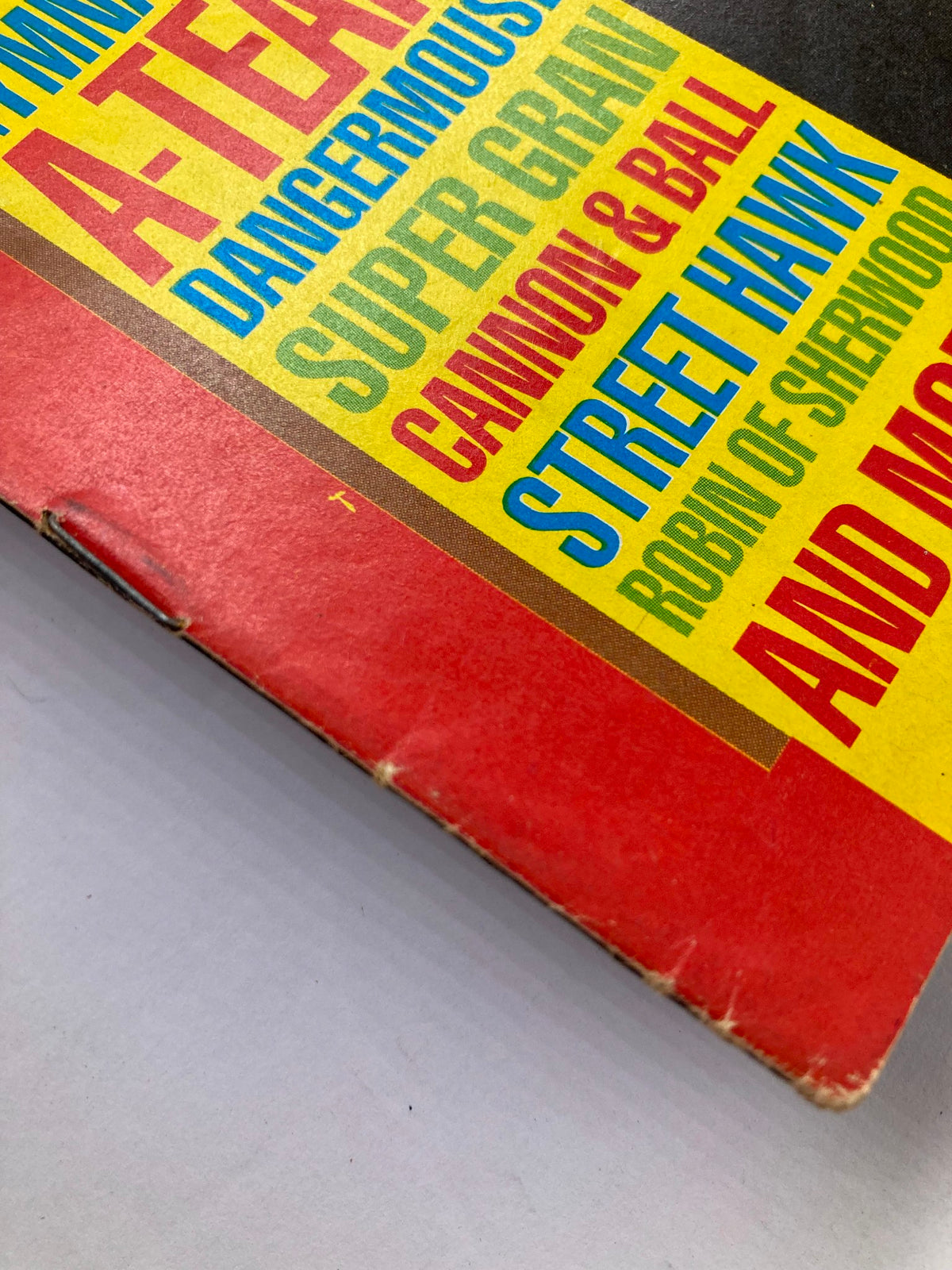 Side view of VTG Lookin Magazine September 14, 1985, issue #38, emphasizing the colorful text list of featured entertainment topics including A-Team and Super Gran.