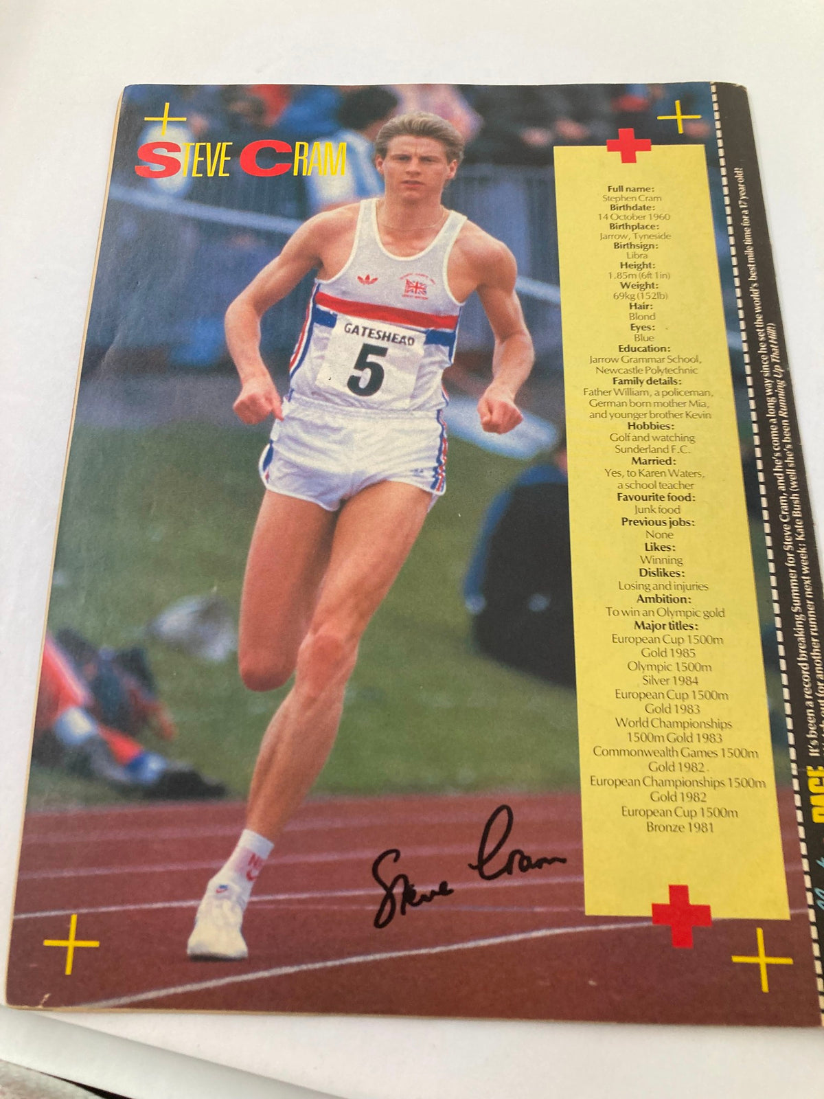 Back cover of VTG Lookin Magazine September 14, 1985, issue #38 featuring athlete Steve Cram with details of his career and achievements.