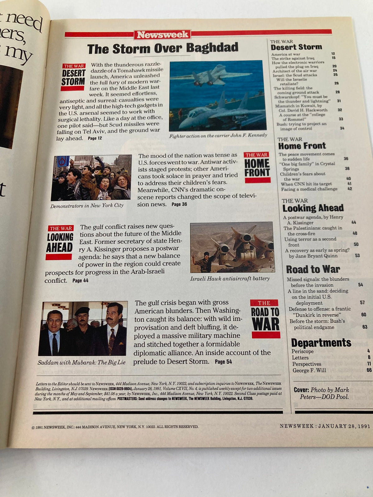 Interior page of Newsweek Magazine January 28, 1991, featuring articles titled 'The Storm Over Baghdad', 'Desert Storm', and 'Home Front' highlighting the Gulf War events and public sentiment.